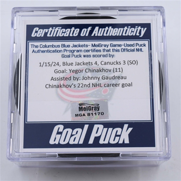 Yegor Chinakhov - Columbus Blue Jackets - Goal Puck - January 15, 2024 vs. Vancouver Canucks (Blue Jackets Logo)