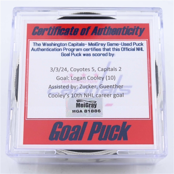 Logan Cooley - Arizona Coyotes - Goal Puck - March 3, 2024 vs. Washington Capitals (Capitals Logo)