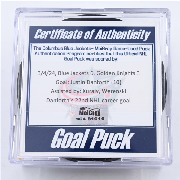 Justin Danforth - Columbus Blue Jackets - Goal Puck - March 4, 2024 vs. Vegas Golden Knights (Blue Jackets Logo)