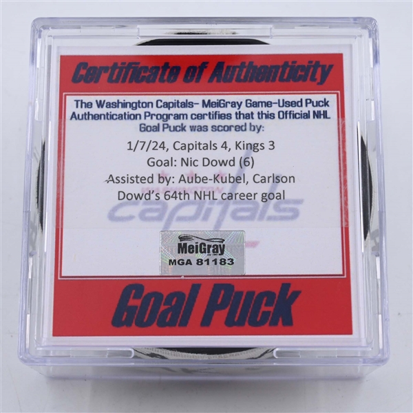 Nic Dowd - Washington Capitals - Goal Puck - January 7, 2024 vs. Los Angeles Kings (Capitals Logo)