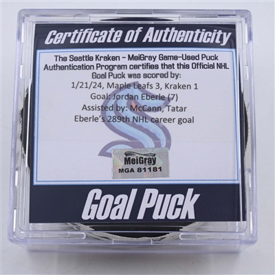 Jordan Eberle - Seattle Kraken - Goal Puck - January 21, 2024 vs. Toronto Maple Leafs (Kraken Logo)