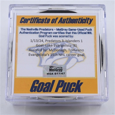 Luke Evangelista - Nashville Predators - Goal Puck - January 13, 2024 vs. New York Islanders (Predators 25th Anniversary Logo)