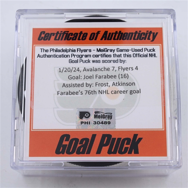 Joel Farabee - Philadelphia Flyers - Goal Puck - January 20, 2024 vs. Colorado Avalanche (Flyers Logo)