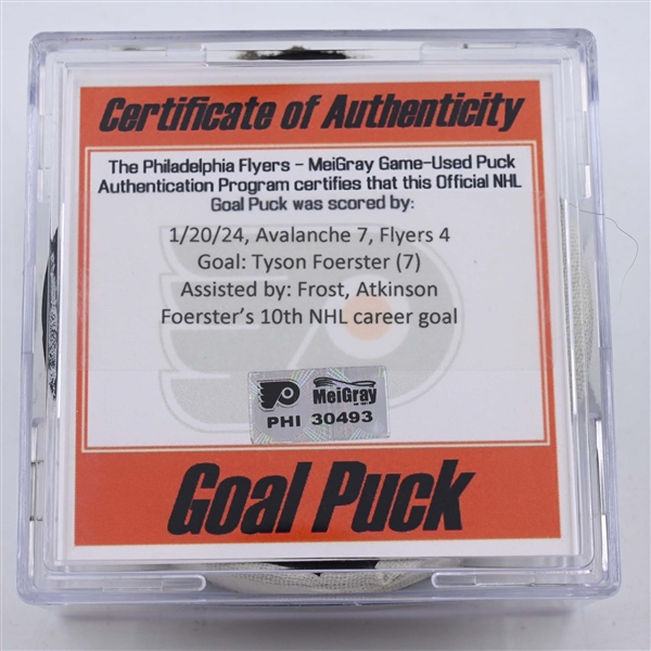 Tyson Foerster - Philadelphia Flyers - Goal Puck - January 20, 2024 vs. Colorado Avalanche (Flyers Logo)