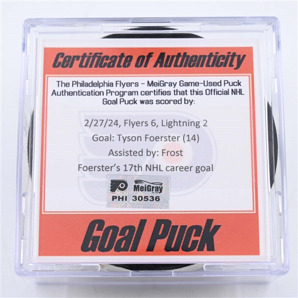 Tyson Foerster - Philadelphia Flyers - Goal Puck - February 27, 2024 vs. Tampa Bay Lightning (Flyers Logo)