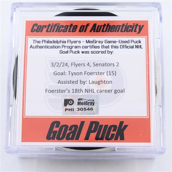 Tyson Foerster - Philadelphia Flyers - Goal Puck - March 2, 2024 vs. Ottawa Senators (Flyers Logo)