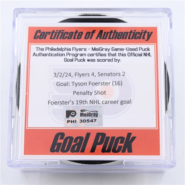 Tyson Foerster - Philadelphia Flyers - Goal Puck - March 2, 2024 vs. Ottawa Senators (Flyers Logo)