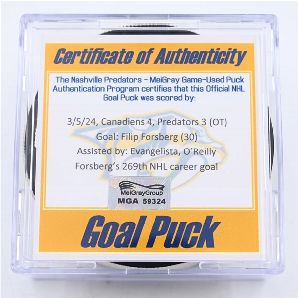 Filip Forsberg - Nashville Predators - Goal Puck - March 5, 2024 vs. Montreal Canadiens (Predators 25th Anniversary Logo)