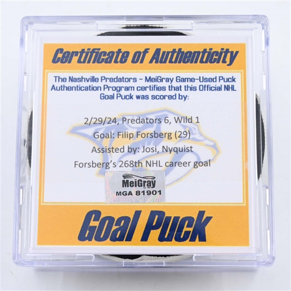 Filip Forsberg - Nashville Predators - Goal Puck - February 29, 2024 vs. Minnesota Wild (Predators 25th Anniversary Logo)