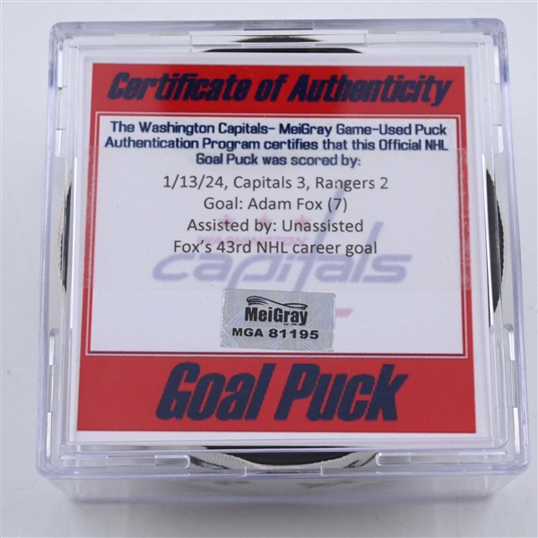 Adam Fox - New York Rangers - Goal Puck - January 13, 2024 vs. Washington Capitals (Capitals Logo)