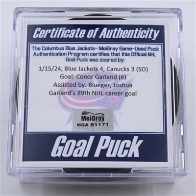 Conor Garland - Vancouver Canucks - Goal Puck - January 15, 2024 vs. Columbus Blue Jackets (Blue Jackets Logo)