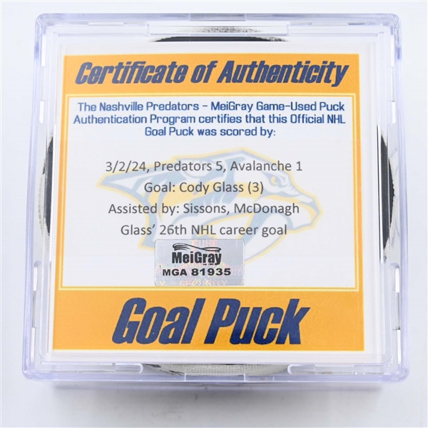 Cody Glass - Nashville Predators - Goal Puck - March 2, 2024 vs. Colorado Avalanche (Predators 25th Anniversary Logo)