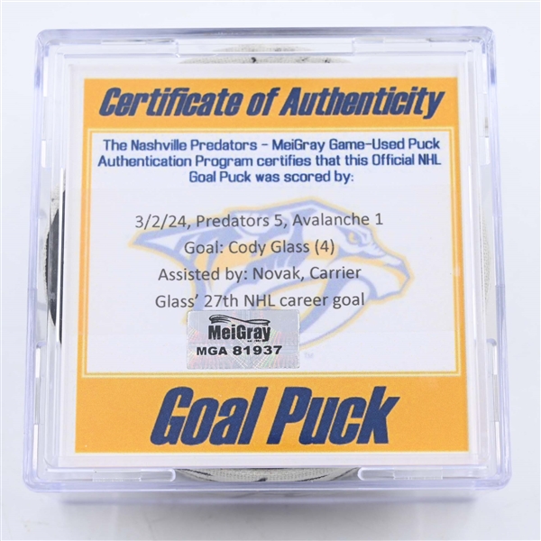 Cody Glass - Nashville Predators - Goal Puck - March 2, 2024 vs. Colorado Avalanche (Predators 25th Anniversary Logo)