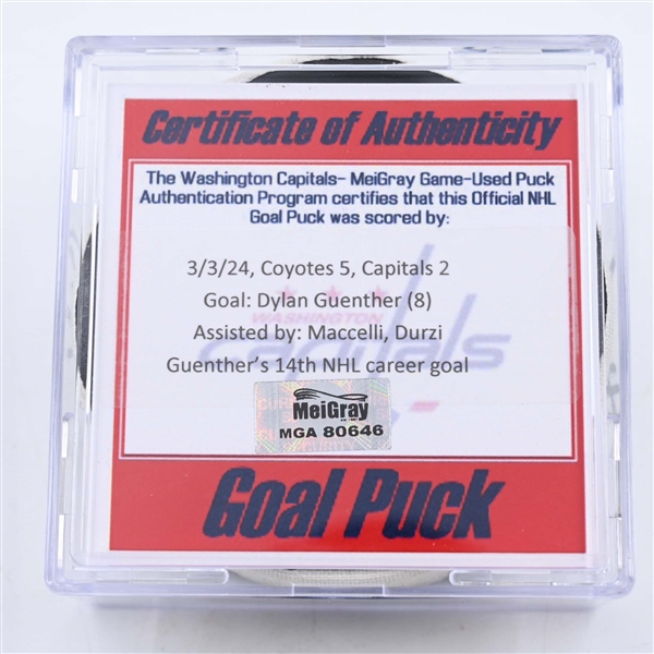 Dylan Guenther - Arizona Coyotes - Goal Puck - March 3, 2024 vs. Washington Capitals (Capitals Logo)