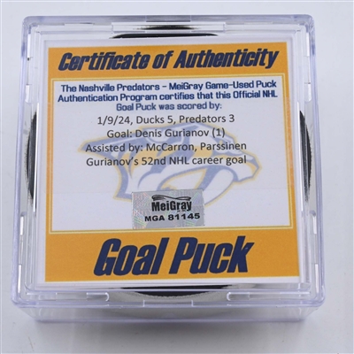 Denis Gurianov - Nashville Predators - Goal Puck - January 9, 2024 vs. Anaheim Ducks (Predators 25th Anniversary Logo)