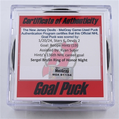 Roope Hintz - Dallas Stars - Goal Puck - January 20, 2024 vs. New Jersey Devils (Devils Logo)