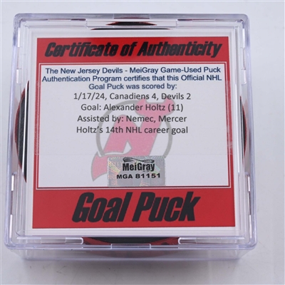 Alexander Holtz - New Jersey Devils - Goal Puck - January 17, 2024 vs. Montreal Canadiens (Devils Logo)