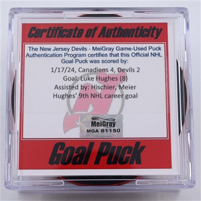 Luke Hughes - New Jersey Devils - Goal Puck - January 17, 2024 vs. Montreal Canadiens (Devils Logo)