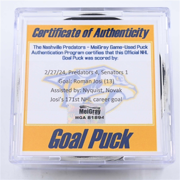 Roman Josi - Nashville Predators - Goal Puck - February 27, 2024 vs. Ottawa Senators (Predators 25th Anniversary Logo)