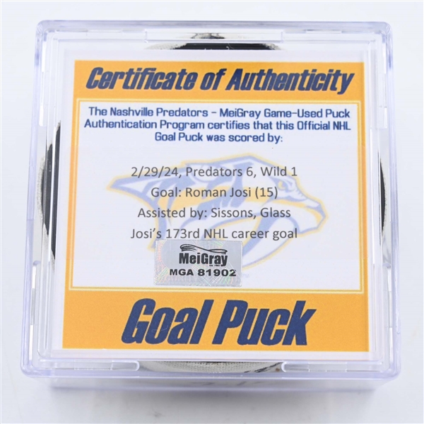 Roman Josi - Nashville Predators - Goal Puck - February 29, 2024 vs. Minnesota Wild (Predators 25th Anniversary Logo)