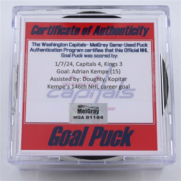 Adrian Kempe - Los Angeles Kings - Goal Puck - January 7, 2024 vs. Washington Capitals (Capitals Logo)