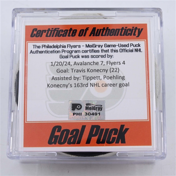 Travis Konecny - Philadelphia Flyers - Goal Puck - January 20, 2024 vs. Colorado Avalanche (Flyers Logo)