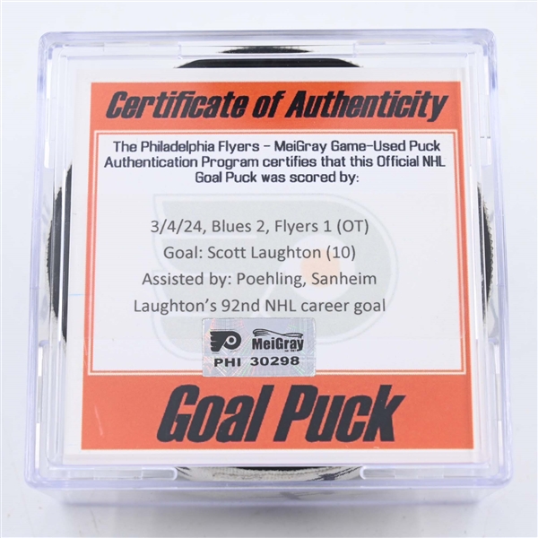 Scott Laughton - Philadelphia Flyers - Goal Puck - March 4, 2024 vs. St. Louis Blues (Flyers Logo)