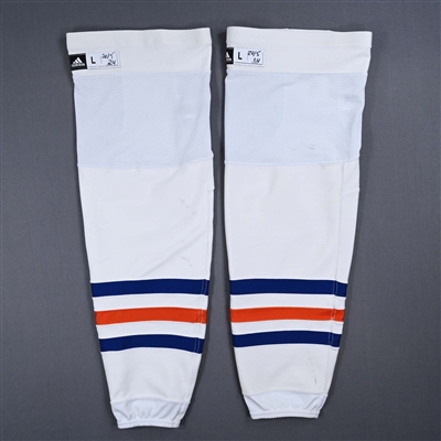 Connor McDavid - Edmonton Oilers - White - adidas Socks - May 20, 2024 at Vancouver Canucks (Round 2, Game 7) - Photo-Matched