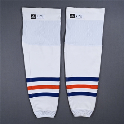 Connor McDavid - Edmonton Oilers - White - adidas Socks - May 8, 2024 at Vancouver Canucks (Round 2 Game 1) - Photo-Matched