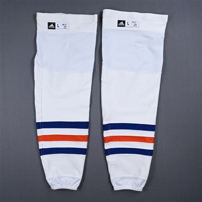 Connor McDavid - Edmonton Oilers - White - adidas Socks - May 16, 2024 at Vancouver Canucks (Round 2, Game 5) - Photo-Matched