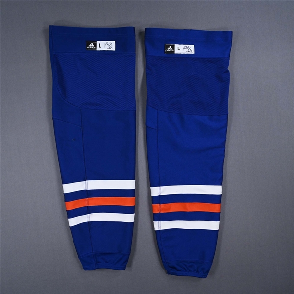 Connor McDavid - Edmonton Oilers - Blue - adidas Socks - April 22, 2024 vs. Los Angeles Kings (Round 1, Game 1) - Photo-Matched