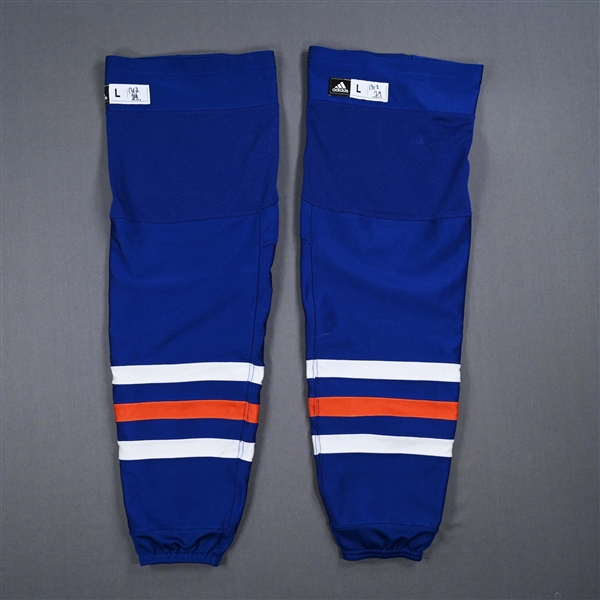 Connor McDavid - Edmonton Oilers - Blue - adidas Socks - February 13, 2024 vs. Detroit Red Wings - 600th NHL Assist - PHOTO-MATCHED