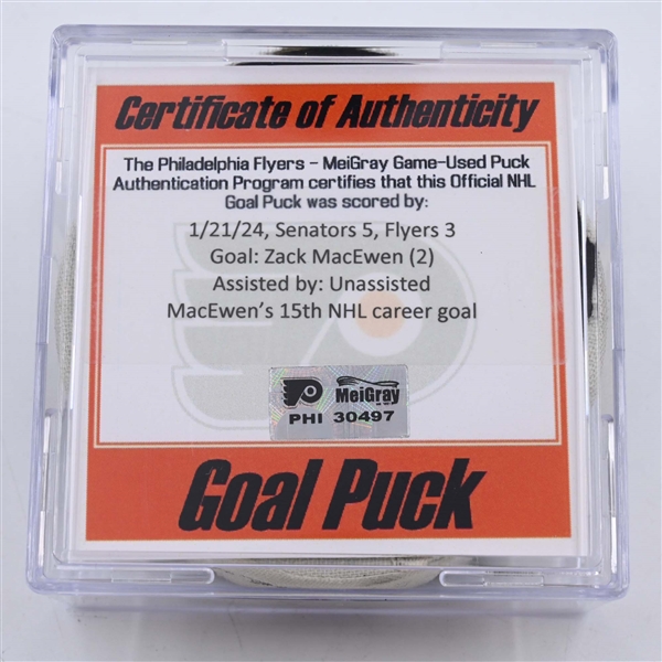 Zack MacEwen - Ottawa Senators - Goal Puck - January 21, 2024 vs. Philadelphia Flyers (Flyers Logo)