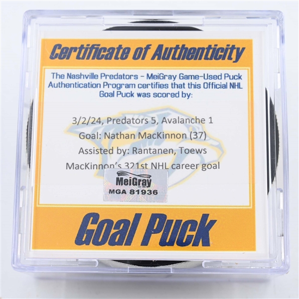 Nathan MacKinnon - Colorado Avalanche - Goal Puck - March 2, 2024 vs. Nashville Predators (Predators 25th Anniversary Logo)