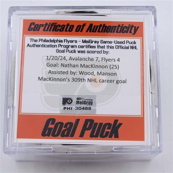 Nathan MacKinnon - Colorado Avalanche - Goal Puck - January 20, 2024 vs. Philadelphia Flyers (Flyers Logo)