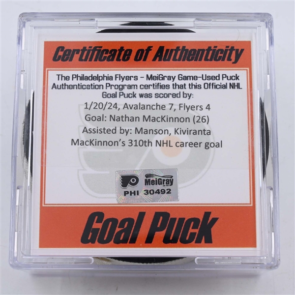 Nathan MacKinnon - Colorado Avalanche - Goal Puck - January 20, 2024 vs. Philadelphia Flyers (Flyers Logo)