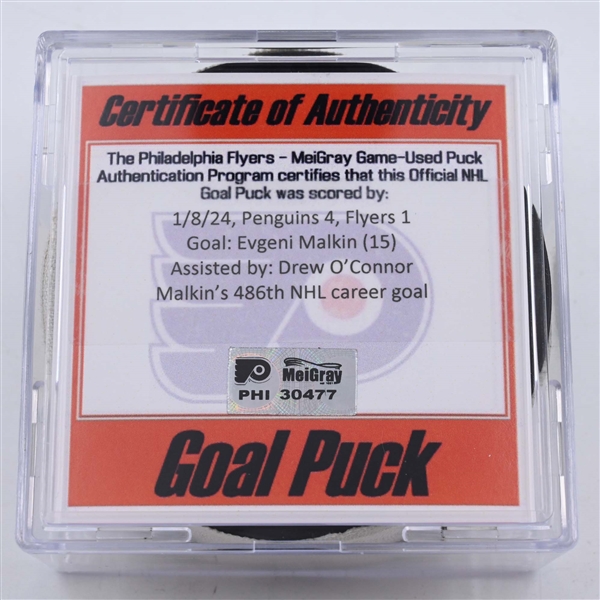 Evgeni Malkin - Pittsburgh Penguins - Goal Puck - January 8, 2024 vs. Philadelphia Flyers (Flyers Logo)