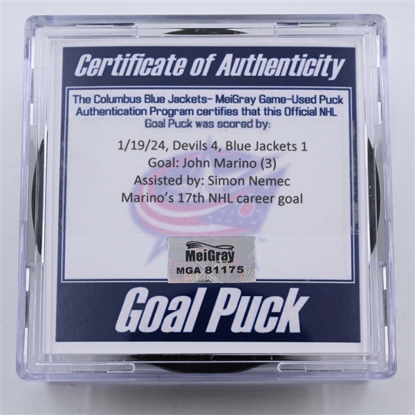 John Marino - New Jersey Devils - Goal Puck - January 19, 2024 vs. Columbus Blue Jackets (Blue Jackets Logo)