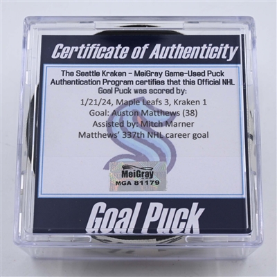 Auston Matthews - Toronto Maple Leafs - Goal Puck - January 21, 2024 vs. Seattle Kraken (Kraken Logo)