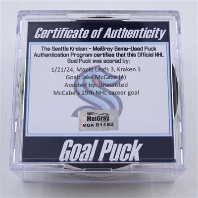 Jake McCabe - Toronto Maple Leafs - Goal Puck - January 21, 2024 vs. Seattle Kraken (Kraken Logo)
