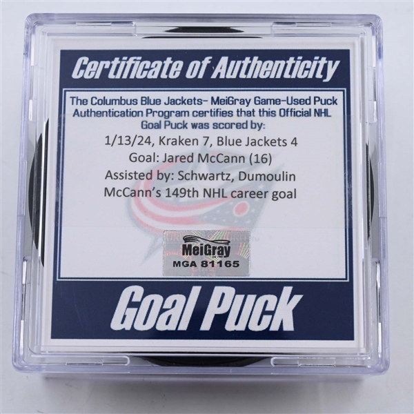 Jared McCann - Seattle Kraken - Goal Puck - January 13, 2024 vs. Columbus Blue Jackets (Blue Jackets Logo)