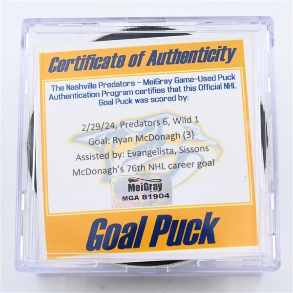 Ryan McDonagh - Nashville Predators - Goal Puck - February 29, 2024 vs. Minnesota Wild (Predators 25th Anniversary Logo)