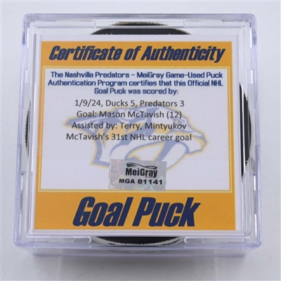 Mason McTavish - Anaheim Ducks - Goal Puck - January 9, 2024 vs. Nashville Predators (Predators 25th Anniversary Logo)