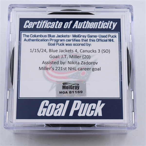 J.T. Miller - Vancouver Canucks - Goal Puck - January 15, 2024 vs. Columbus Blue Jackets (Blue Jackets Logo)