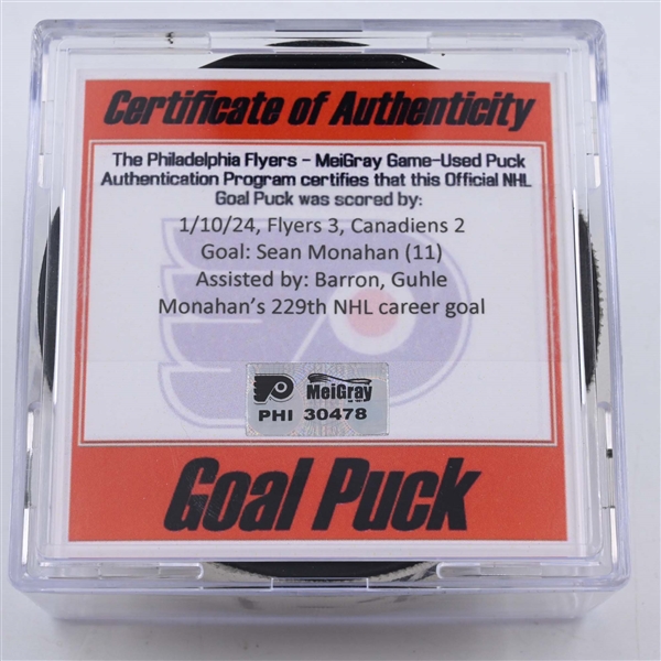 Sean Monahan - Montreal Canadiens - Goal Puck - January 10, 2024 vs. Philadelphia Flyers (Flyers Logo)