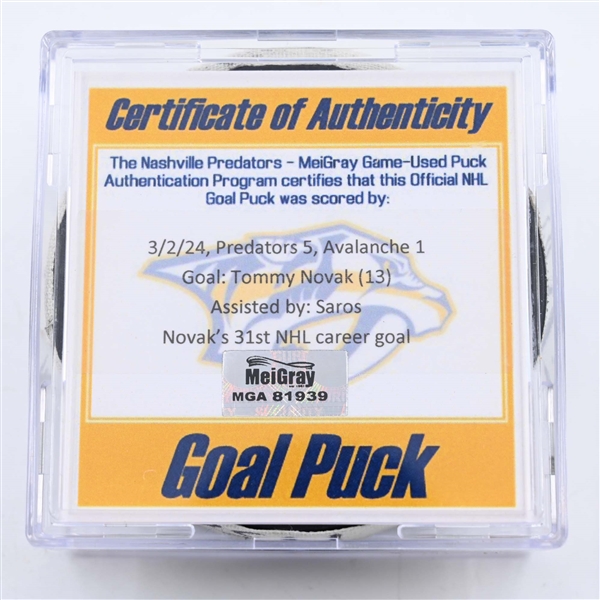 Tommy Novak - Nashville Predators - Goal Puck - March 2, 2024 vs. Colorado Avalanche (Predators 25th Anniversary Logo)