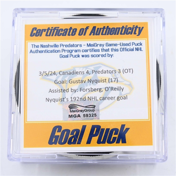 Gustav Nyquist - Nashville Predators - Goal Puck - March 5, 2024 vs. Montreal Canadiens (Predators 25th Anniversary Logo)