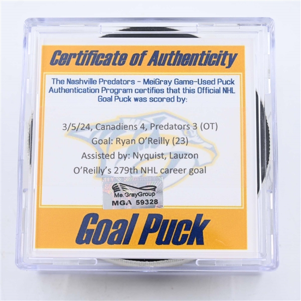 Ryan OReilly - Nashville Predators - Goal Puck - March 5, 2024 vs. Montreal Canadiens (Predators 25th Anniversary Logo)