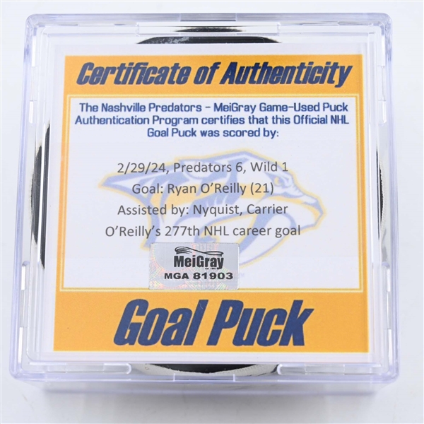 Ryan OReilly - Nashville Predators - Goal Puck - February 29, 2024 vs. Minnesota Wild (Predators 25th Anniversary Logo)