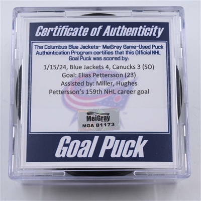 Elias Pettersson - Vancouver Canucks - Goal Puck - January 15, 2024 vs. Columbus Blue Jackets (Blue Jackets Logo)